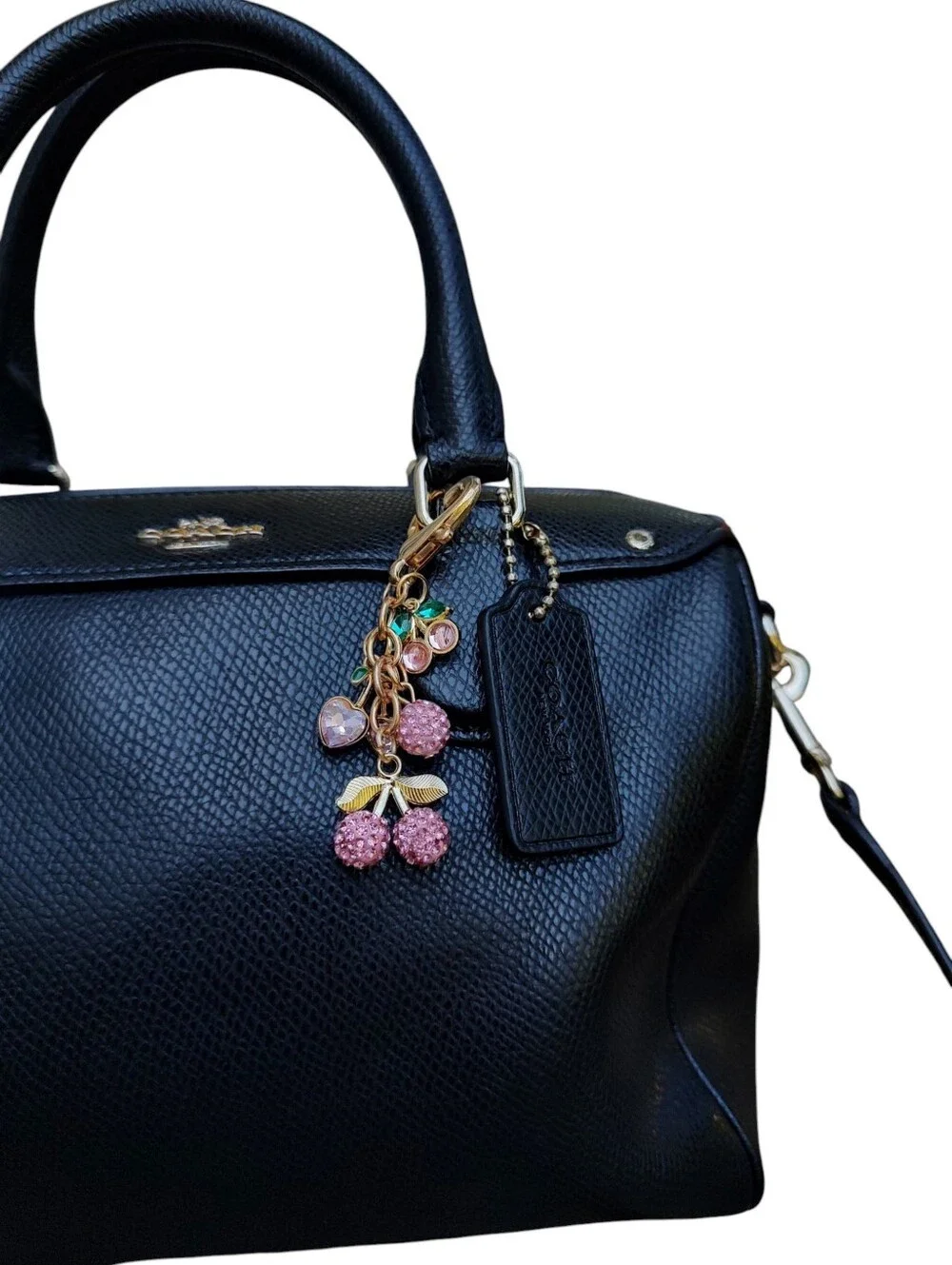 Coach Black Pebbled Leather Satchel with Cherry Charm